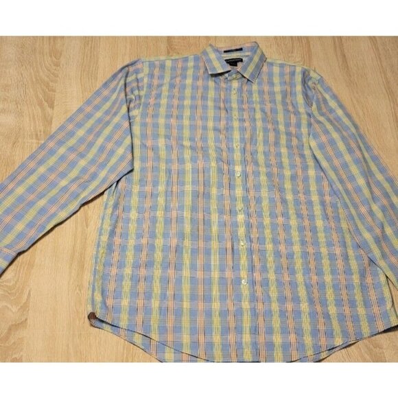 Lands End Mens Blue & Yellow Plaid Long Sleeve Button Up Shirt Sz 16.5 / 37 Tall - Picture 2 of 7